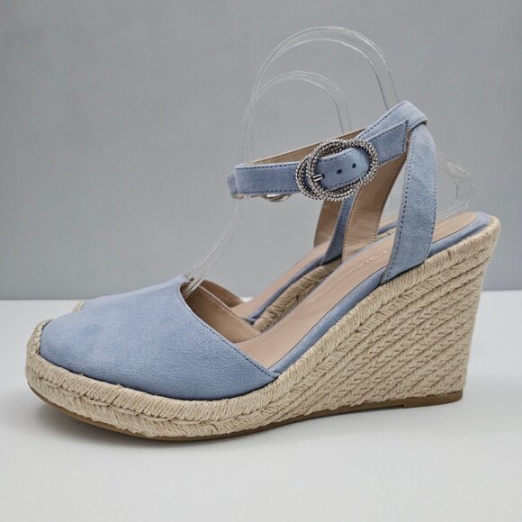 Stuart Weitzman Crystal Buckle Wedge Womens 10 Cornflower Blue Suede Espadrille - Picture 1 of 16
